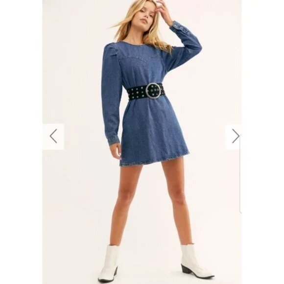Free People Self‎ Control Puff-Sleeve Denim Mini Dress SZ4 NWOT - Picture 1 of 7
